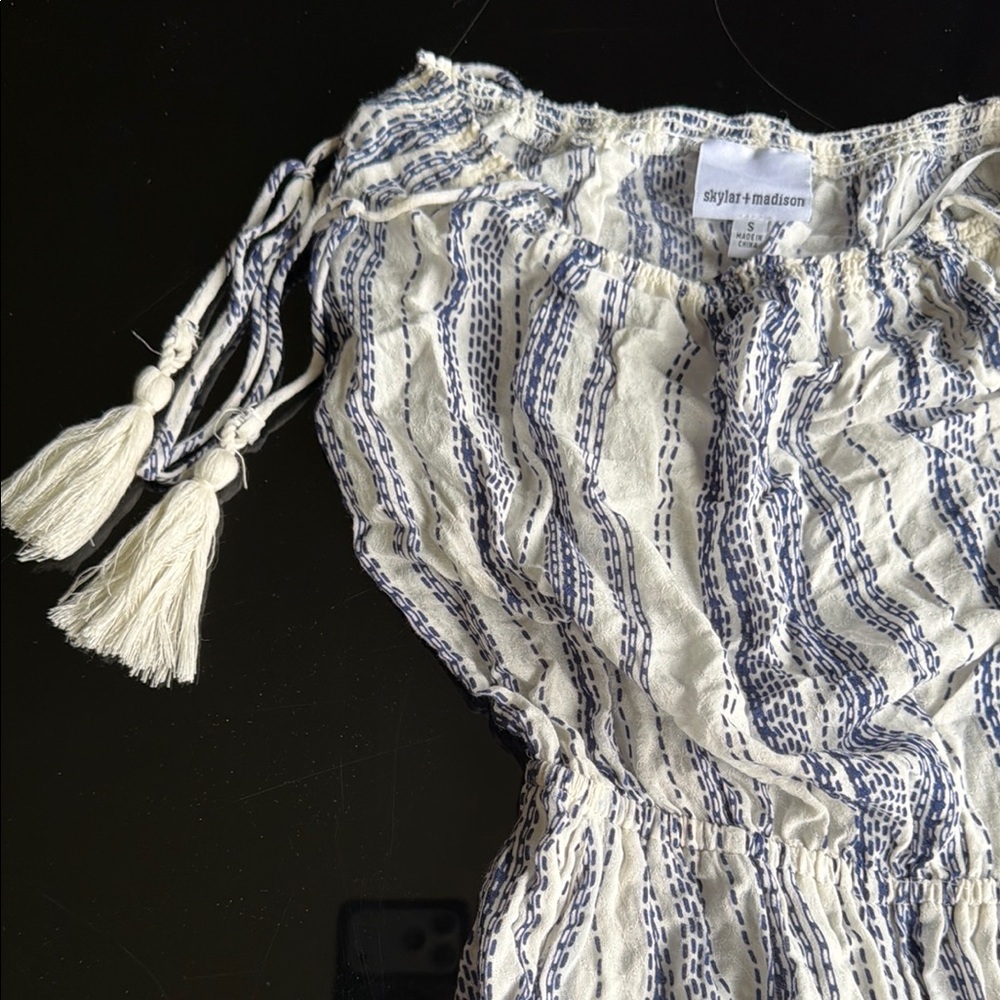Skylar + Madison Blue & White Tassel Off-Shoulder Jumpsuit Size S